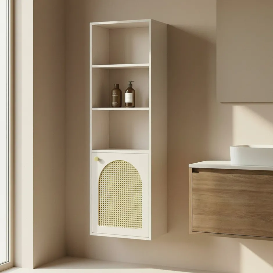 New Drawer ALI Colonne de rangement suspendue en bois et cannage H135cm
