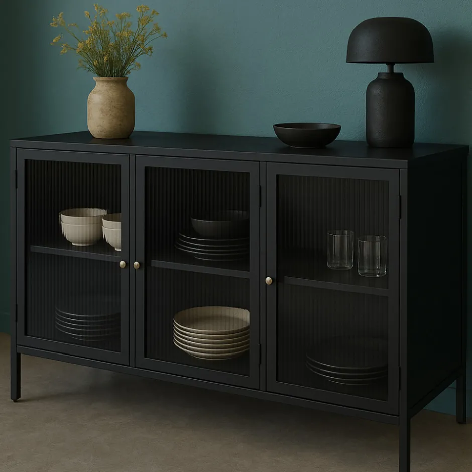 Hot No name BJORN Buffet 3 portes en verre strié et métal L132cm