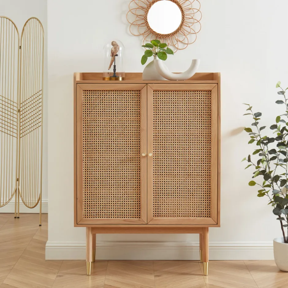 New No name BOMBONG Buffet haut 2 portes en bois et cannage L90cm