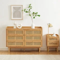 Hot No name BOMBONG Commode 6 tiroirs en bois et cannage L120cm