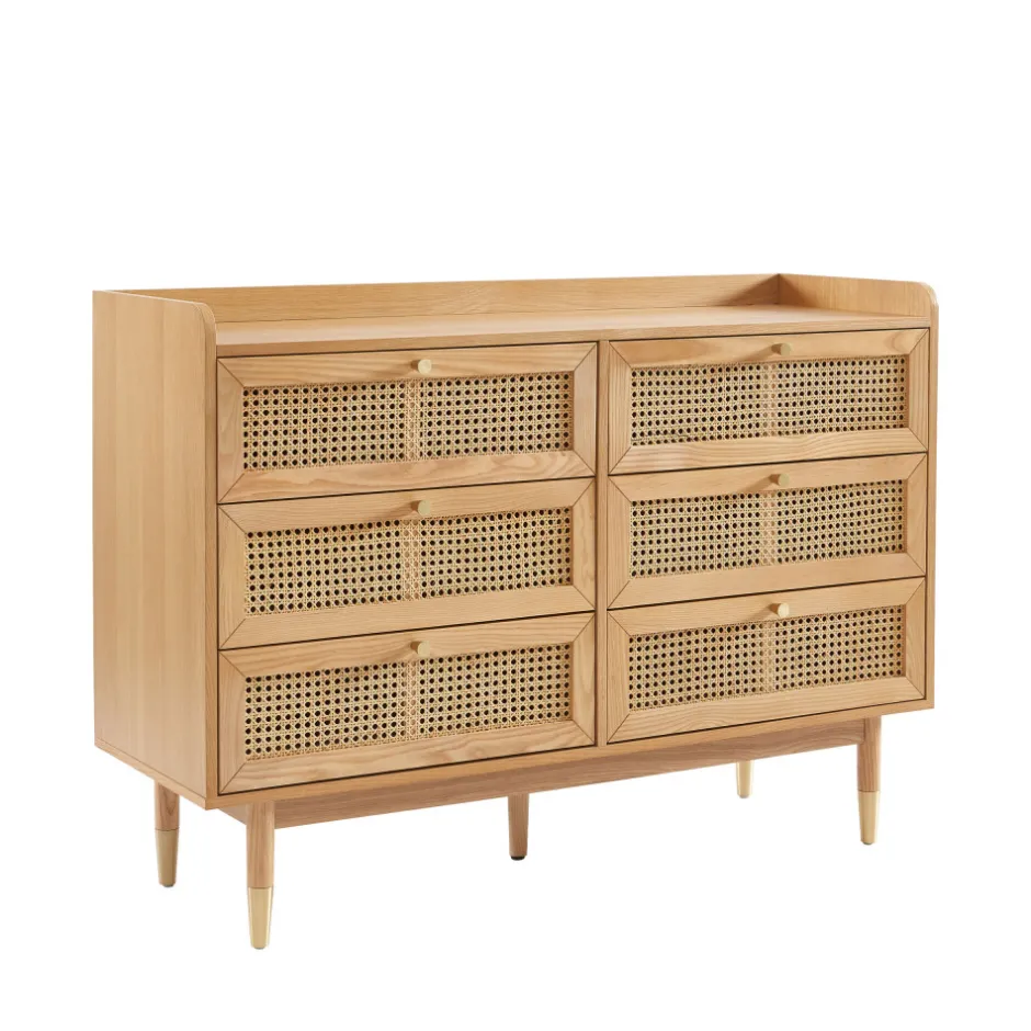 Hot No name BOMBONG Commode 6 tiroirs en bois et cannage L120cm