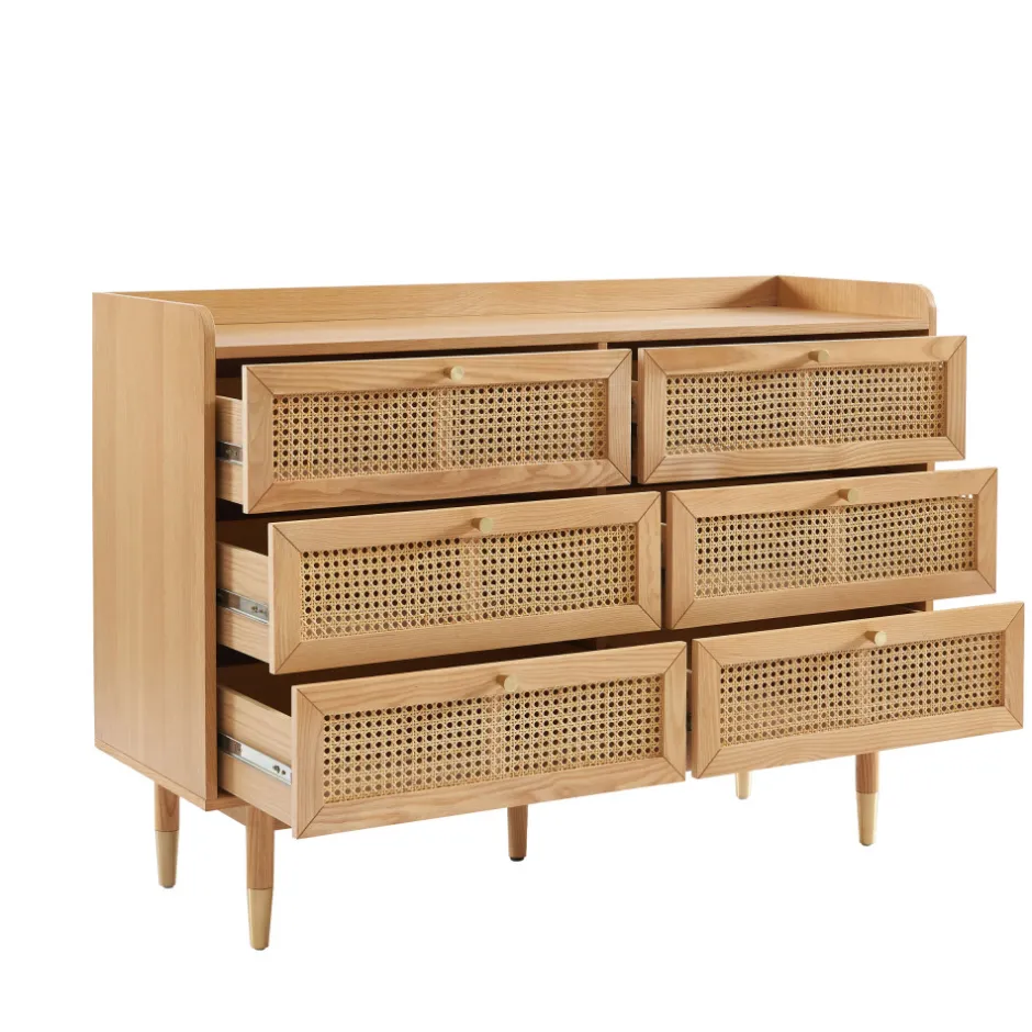 Hot No name BOMBONG Commode 6 tiroirs en bois et cannage L120cm