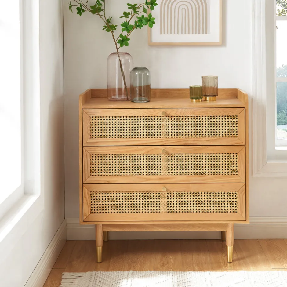 Hot No name BOMBONG Commode 3 tiroirs en bois et cannage L85cm