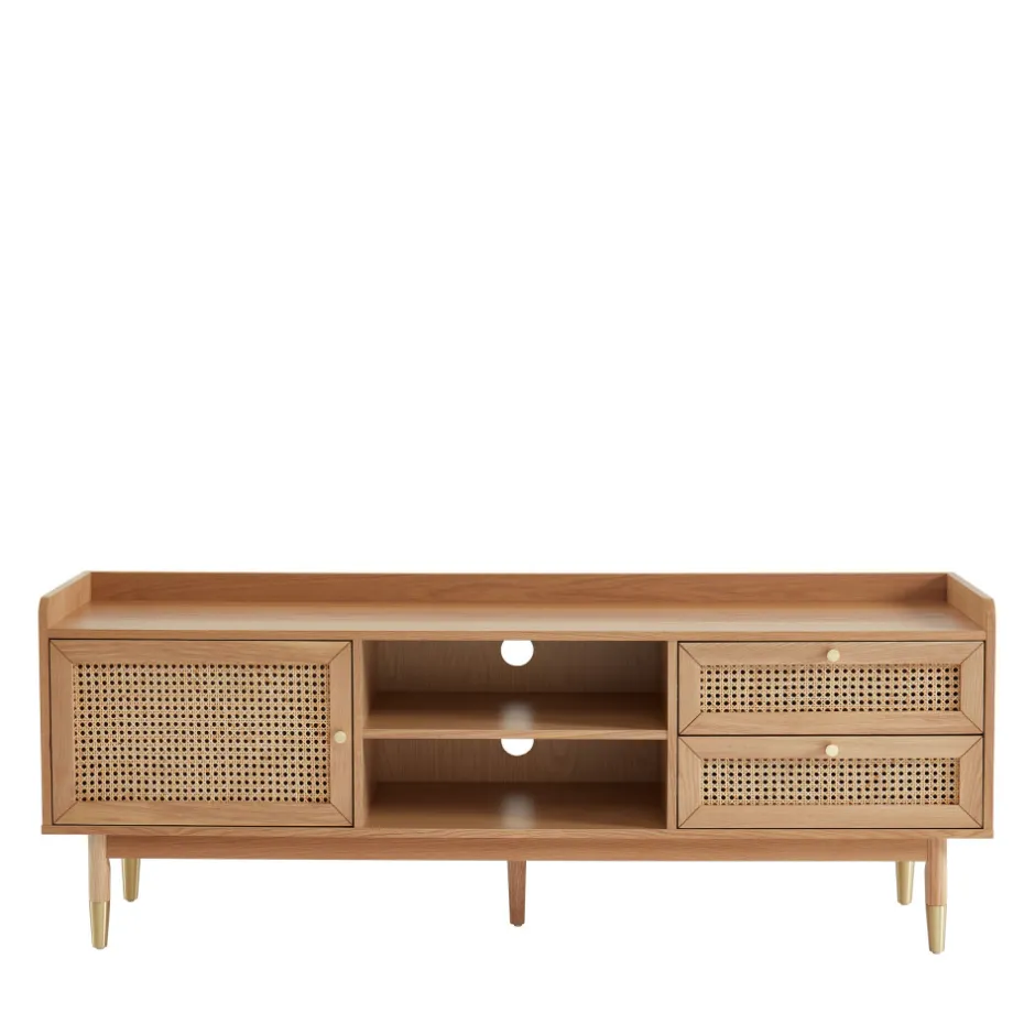 Clearance No name BOMBONG Meuble TV 1 porte 2 tiroirs en bois et cannage L160cm