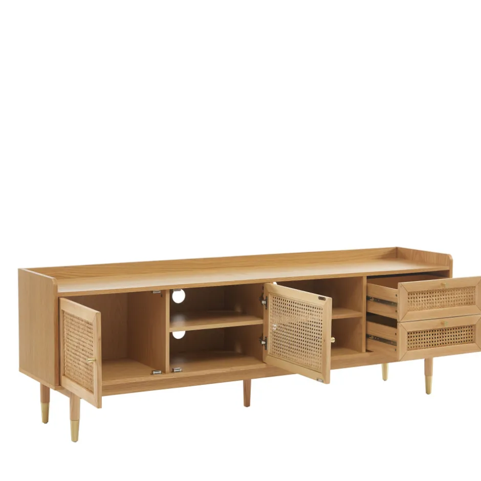 New No name BOMBONG Meuble TV 2 portes 2 tiroirs en bois et cannage 180 cm