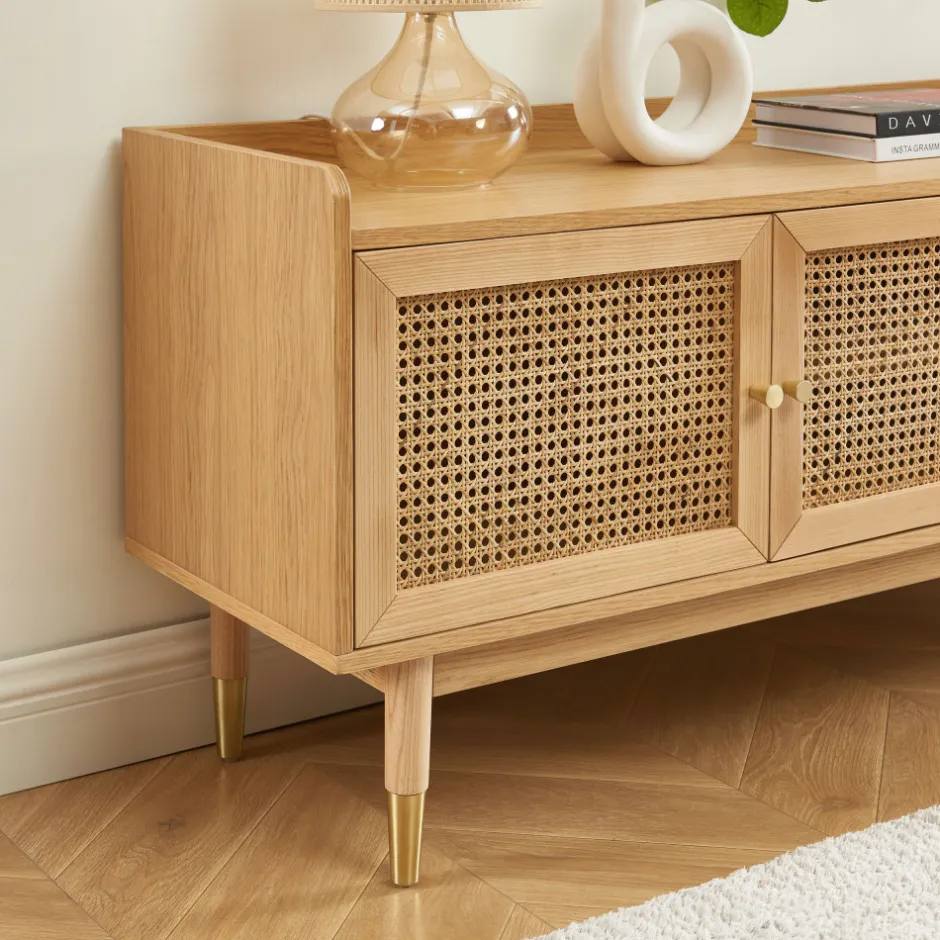 New No name BOMBONG Meuble TV 2 portes 2 tiroirs en bois et cannage 180 cm