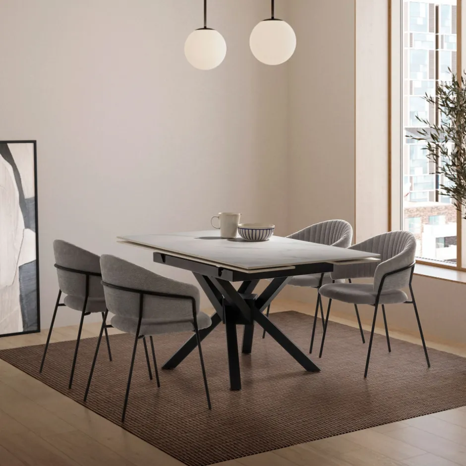 Hot No name BRELYN Table à manger extensible 6 à 8 personnes en céramique et métal 90-150x150cm