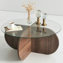 Online Drawer BULLY Table basse ronde en verre trempé et bois ø75cm