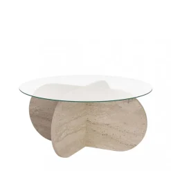 Best Drawer BULLY Table basse ronde en verre trempé et effet travertin ø75cm