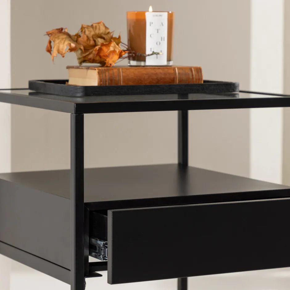 Online Venture Home FORTALEZA Table de chevet 1 tiroir en verre et métal
