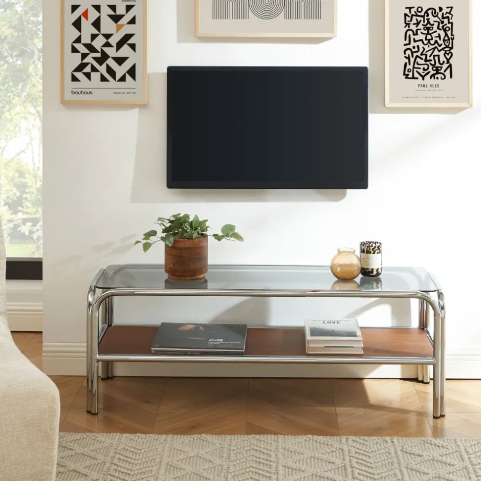 Hot No name GLISS Meuble TV en verre pieds chrome L120cm