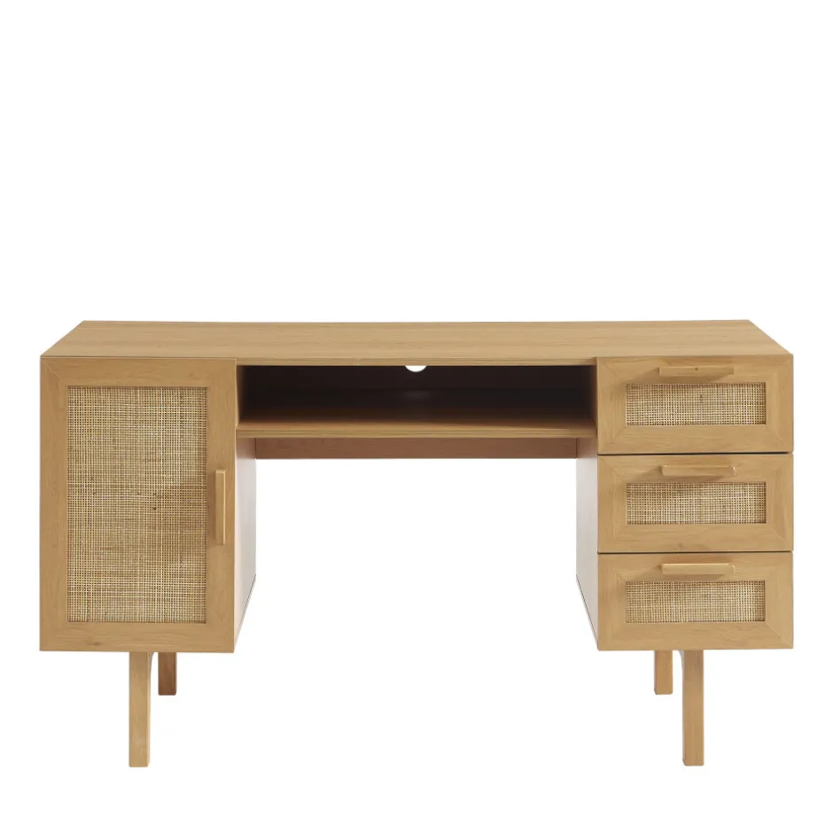 Sale Drawer JUNE Bureau 1 porte 3 tiroirs en bois et cannage L135cm