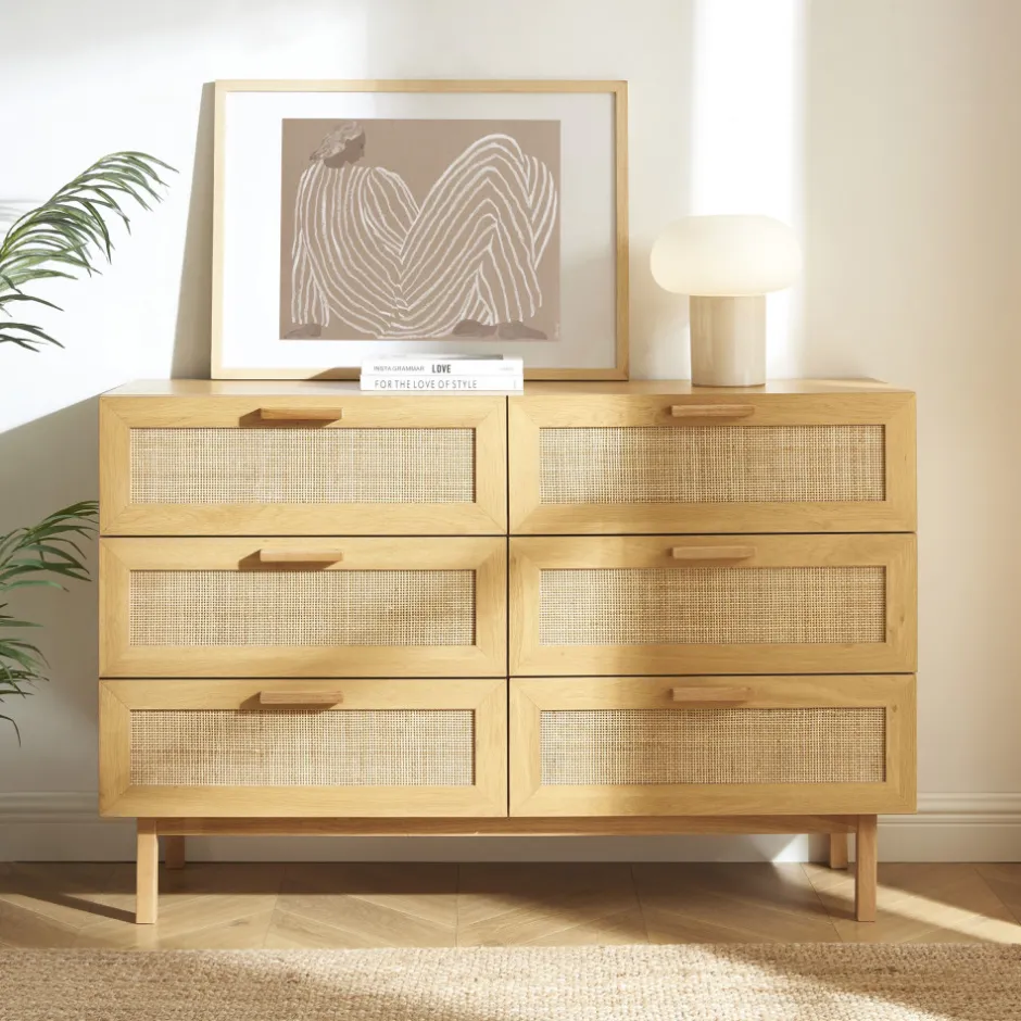 Discount Drawer JUNE Commode 6 tiroirs en bois et cannage L130cm