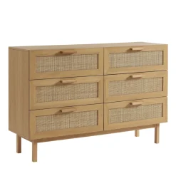 Discount Drawer JUNE Commode 6 tiroirs en bois et cannage L130cm