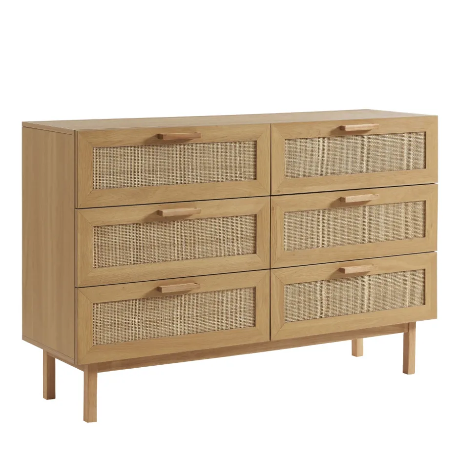 Discount Drawer JUNE Commode 6 tiroirs en bois et cannage L130cm
