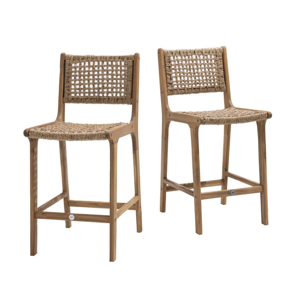 Outlet Drawer LEXIA Lot de 2 tabourets de bar intérieur/extérieur en bois d'acacia et résine tressée H66cm
