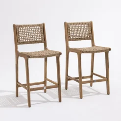 Clearance Drawer LEXIA Lot de 2 tabourets de bar intérieur/extérieur en bois d'acacia et résine tressée H76cm