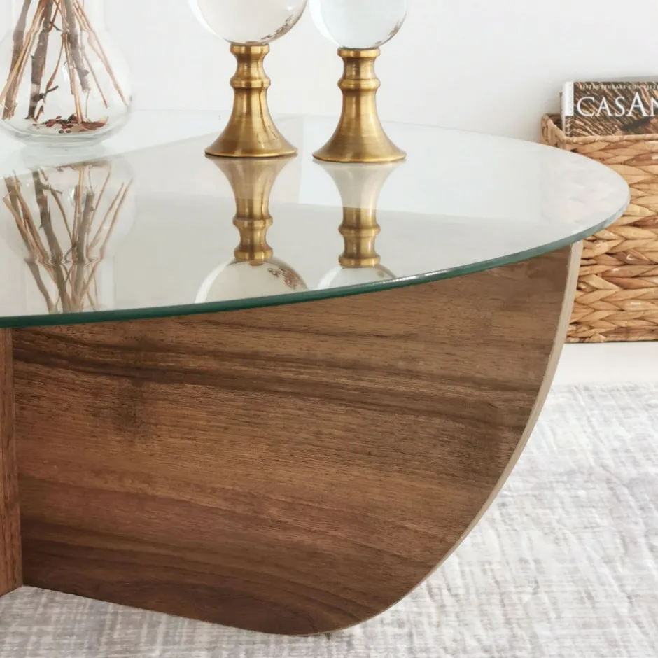 New Drawer LILA Table basse ronde en verre trempé et bois ø90cm