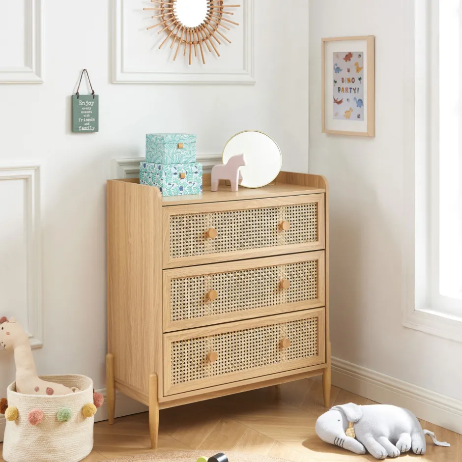 Clearance No name LILOU Commode enfant 3 tiroirs en bois et cannage 80cm