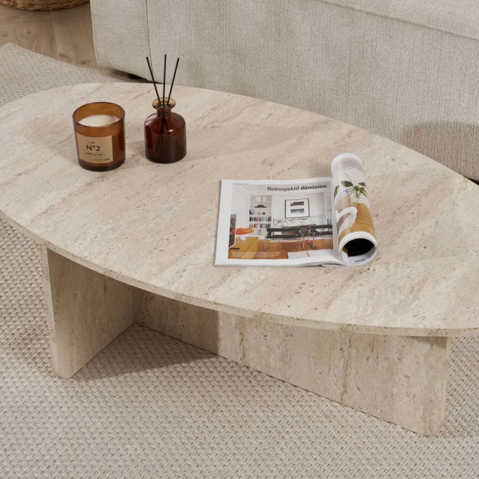 Sale Drawer ORIS Table basse organique effet travertin 120x65cm