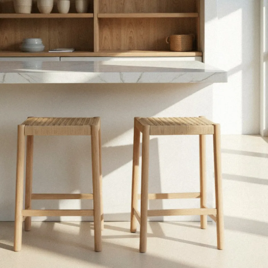 Outlet Drawer PAOLO Tabouret de bar en corde tressée et bois H65cm