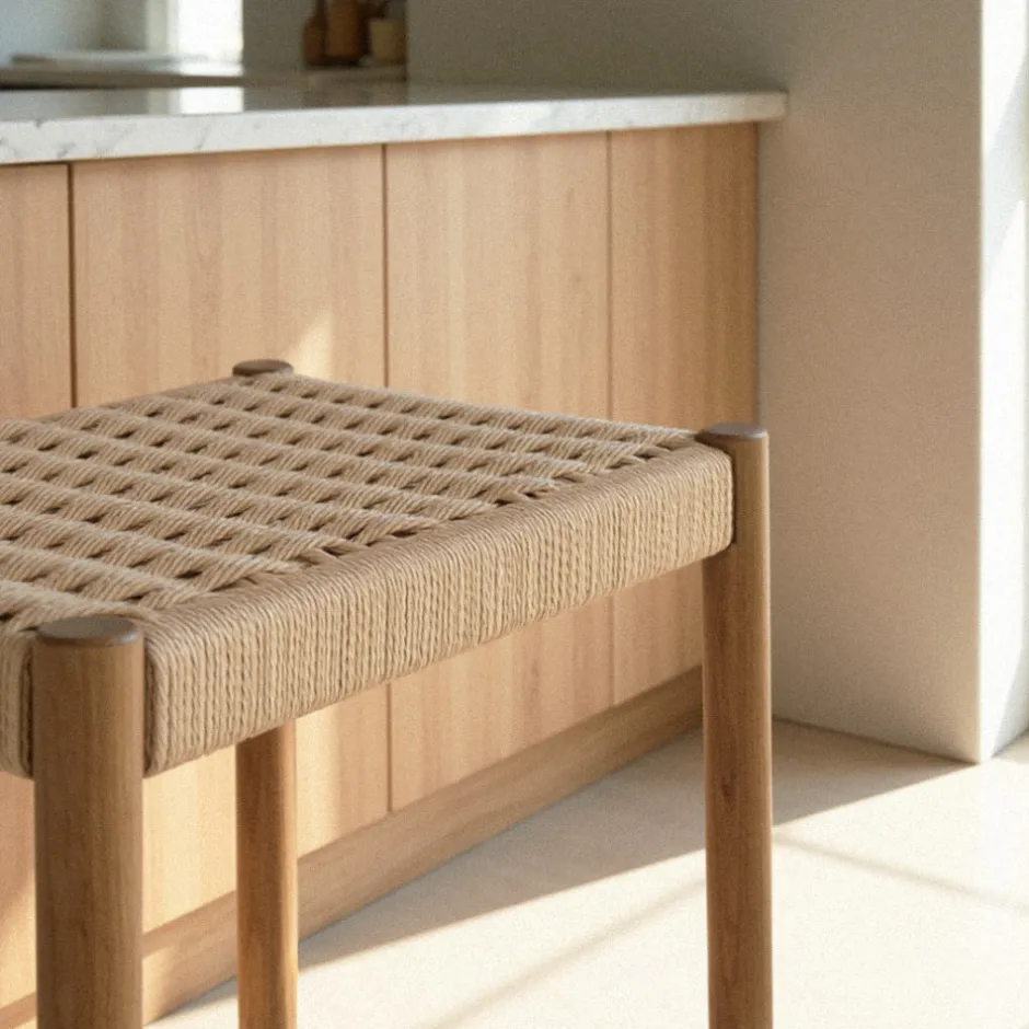 Outlet Drawer PAOLO Tabouret de bar en corde tressée et bois H65cm