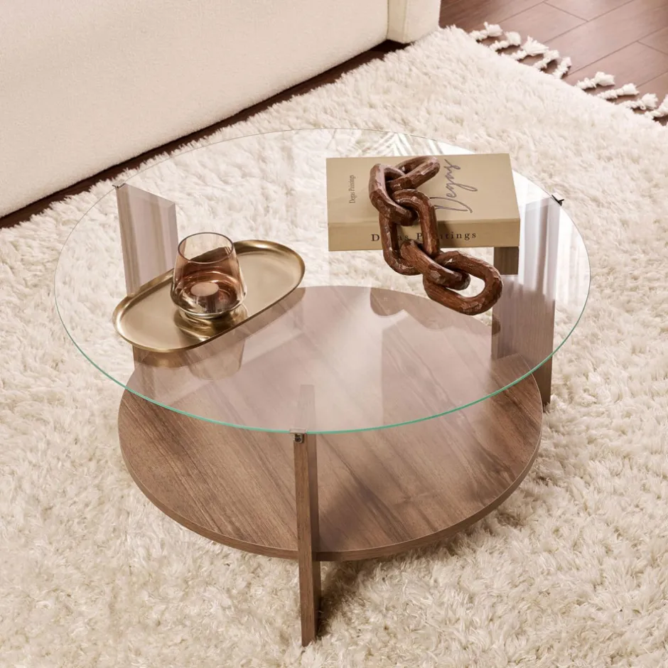 Discount Drawer RIA Table basse ronde en verre trempé et bois ø75cm