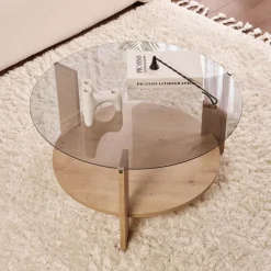 Sale Drawer RIA Table basse ronde en verre fumé et bois ø75cm
