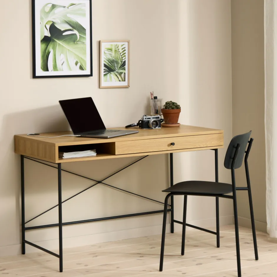 Discount No name RINTO Bureau 1 tiroir 1 niche en bois et métal L120cm