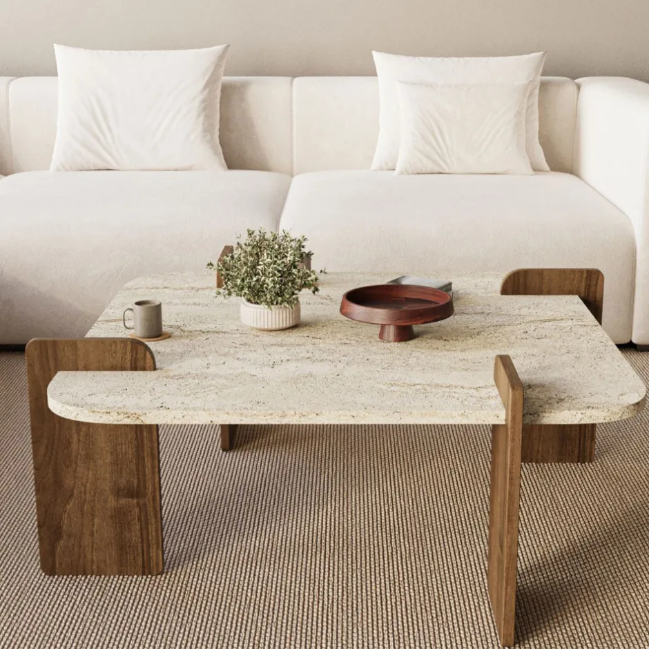 Hot Drawer SOLENI Table basse en bois et effet travertin 90x90cm