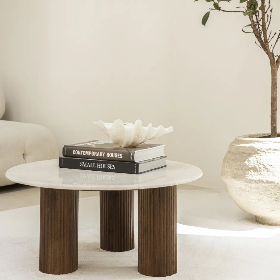 Outlet Drawer SULA Table basse en marbre et bois massif ø80cm