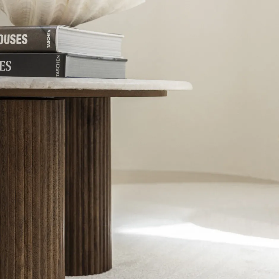 Outlet Drawer SULA Table basse en marbre et bois massif ø80cm