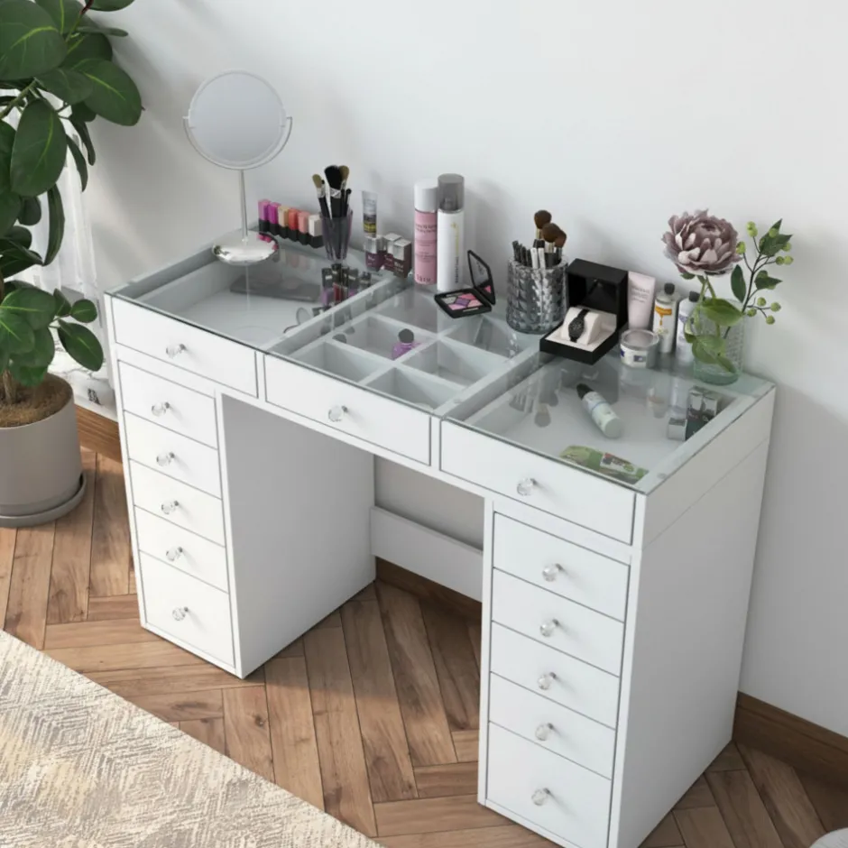 Sale Drawer TIYA Coiffeuse 13 tiroirs avec plateau en verre L120cm