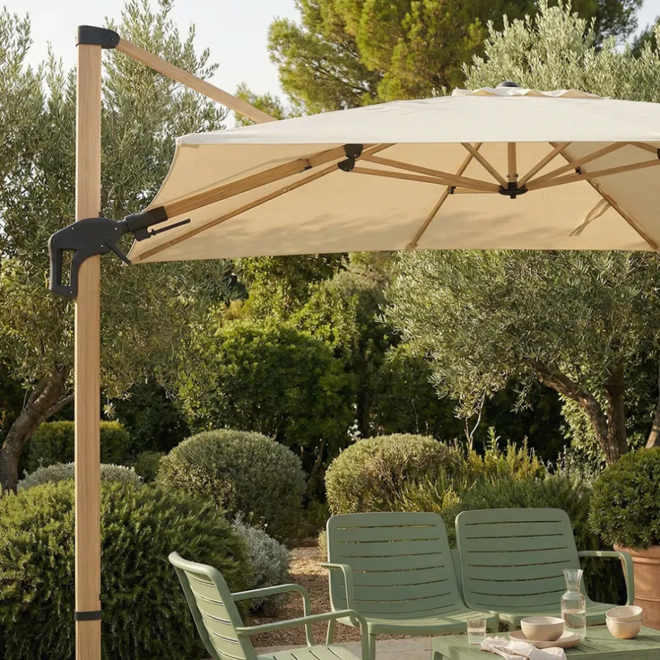 Hot Drawer VEYA Parasol carré déporté en aluminium et effet bois 3x3m